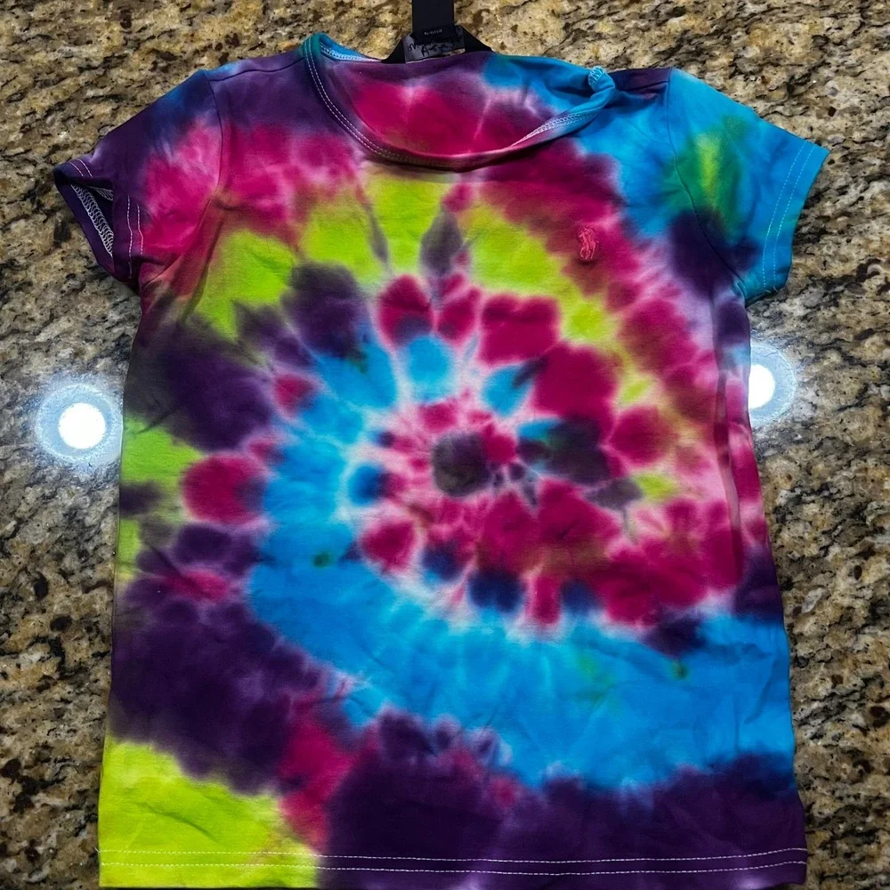 Ralph Lauren Girls Tie Dye‎ Spiral T-Shirt Pink Blue Purple Size 6X Pony Logo